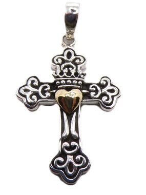 925 Sterling Silver Unisex Cross Pendant with Heart & Crown